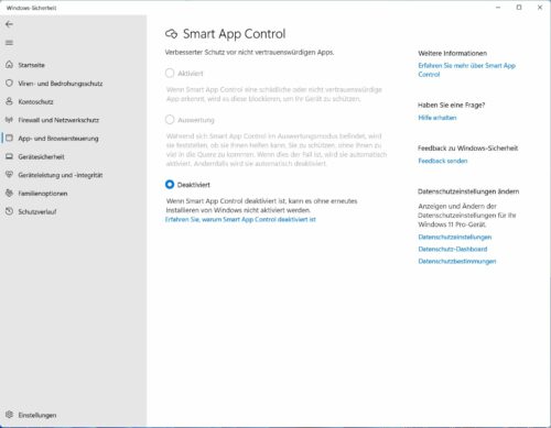 Smart App Control deaktiviert