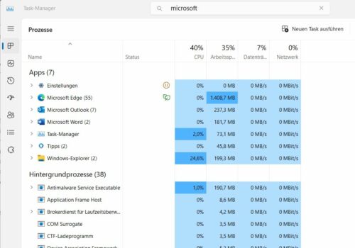 Suche im Task Manager