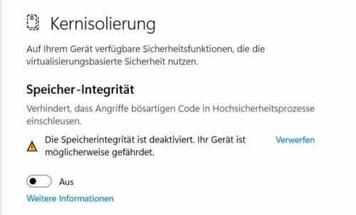 Kernisolierung für mehr Spieleperformance in Windows 11 abgeschaltet