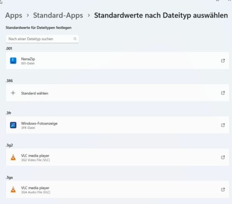 Standardwerte nach Dateityp auswählen