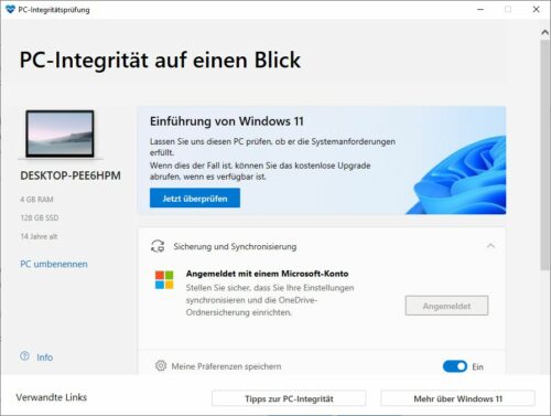 PC-Integritätsprüfung um  zu testen, ob Windows 11 auf jedem PC installiert werden kann.