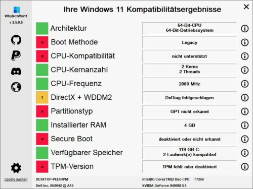 whynotwin11 ist viel ausführlicher in der Frage, ob Windows 11 auf jedem PC installiert werden kann.