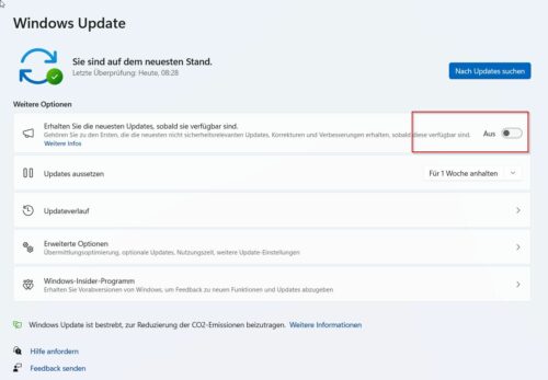 Aktivieren Sie "Erhalten Sie die neusten Updates, sobald diese verfügbar sind, um die neuen Funktion von Windows 11 23H2 schon jetzt zu nutzen.