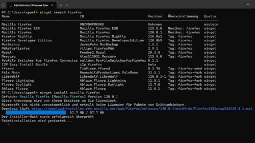 Installation von Firefox mit winget