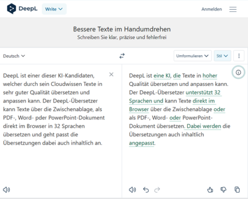 Deepl write passt Texte sprachlich und in Rechtschreibung sowie Grammatik an.