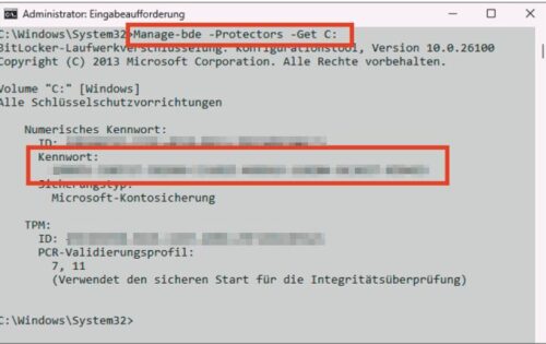 Wiederherstellungsschlüssel für Bitlocker über die Eingabeaufforderung sichern
