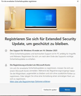 Registrierung für extend Security in Windows 10