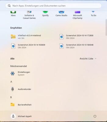 Windows 11 25H2- Startmenü - Ansicht als Liste