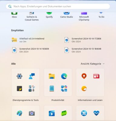 Windows 11 25H2 -Startmenü in Kategorien
