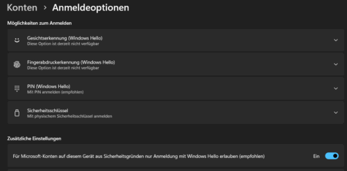 Anmeldeoptionen in Windows 11 mit Windows Hello oder PIN