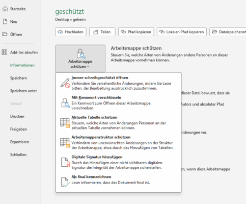Arbeitsmappe in Excel schützen
