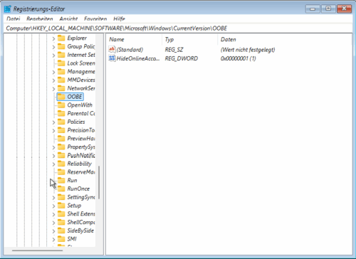 HideOnlineAccountScreens über Regedit