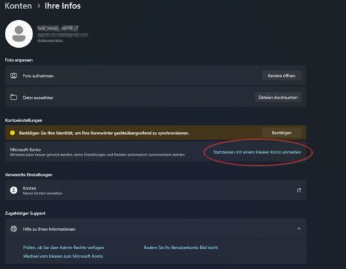 lokales Konto statt Microsoft-Konto