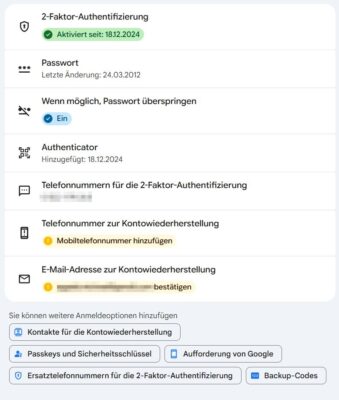 Anmeldeoptionen bei Google, auch Passkeys und Sicherheitsschlüssel sind möglich.
