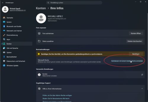 Wechsel von Microsoft-Konto auf lokales Konto