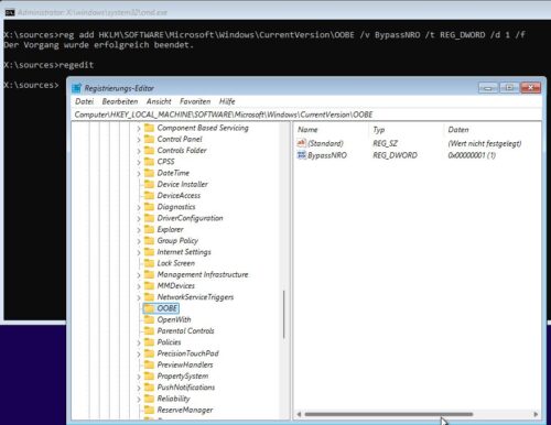 Sie können den Eintrag BypassNRO auch von Hand in der Registry anlegen, um Windows 11 ohne Internetverbindung oder Microsoft-Konto installieren zu können.
