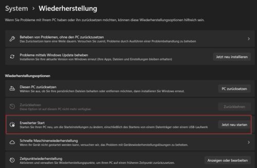 Erweiterter Start in den Einstellungen
