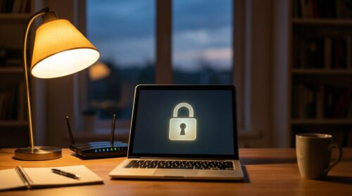 Laptop mit Warnhinweis auf dem Bildschirm in dunklem Raum