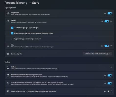 Anpassung Startmenü