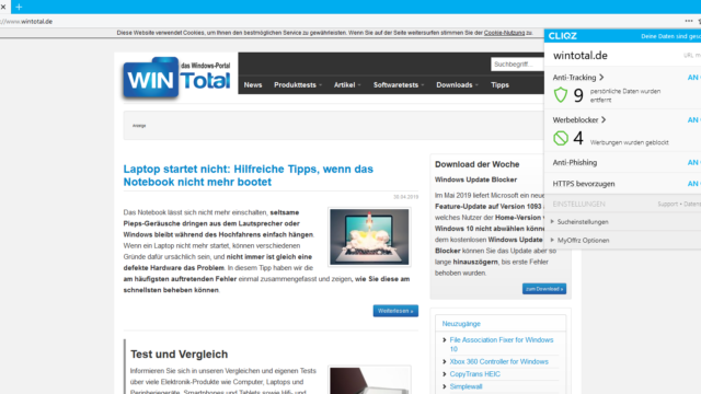 Schnelleinstellungen Sicherheit Cliqz Schnelleinstellungen