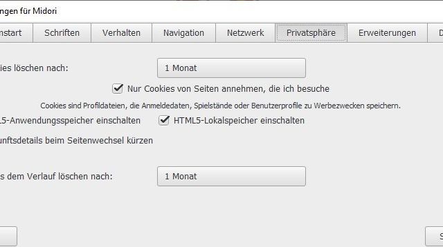 Einstellungsmöglichkeiten Midori Einstellungen