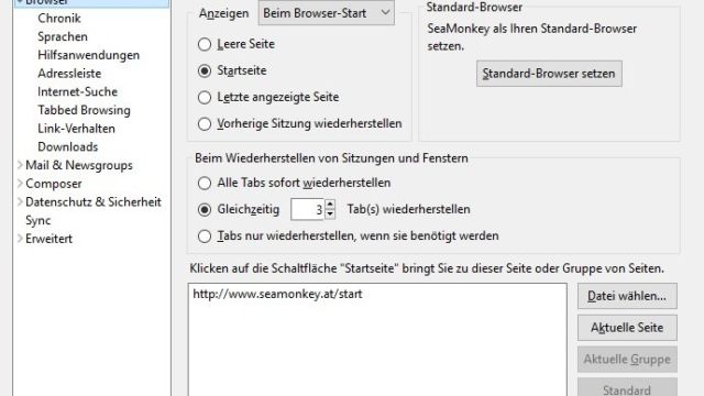 Einstellungsmöglichkeiten der Suite SeaMonkey Einstellungen